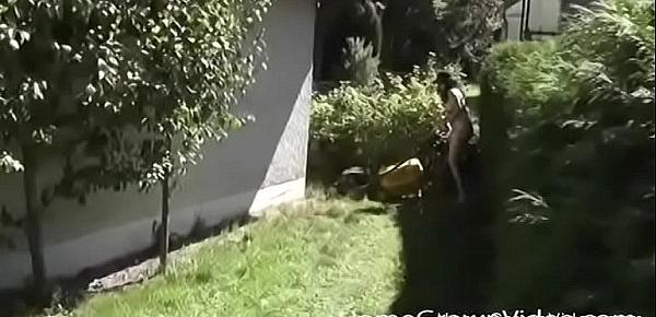  Big tit brunette gardening outside then sucking cock